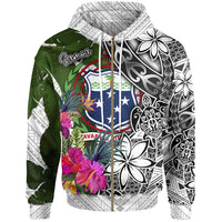 Samoa Zip up Hoodie White Turtle Plumeria Banana Leaf Unisex White - Polynesian Pride