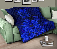 Hawaiian Map Turtle Hibiscus Vintage Polynesian Premium Quilt Blue - Polynesian Pride