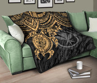 Hawaii Polynesian Premium Quilt - Kanaka Maoli & Gold Turtle Hibiscus - Polynesian Pride