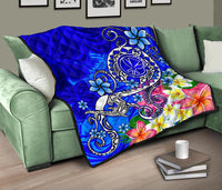 Hawaii Premium Quilt - Turtle Plumeria Polynesian Tattoo Blue Color - Polynesian Pride