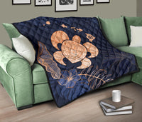 Personalized - Hawaii Kakau Polynesian Turtle Map Premium Quilt - Indigo - Polynesian Pride
