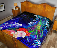 Cook Islands Custom Personalised Premium Quilt - Humpback Whale with Tropical Flowers (Blue) - Polynesian Pride