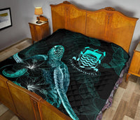 Tuvalu Polynesian Premium Quilt - Turtle With Blooming Hibiscus Turquoise - Polynesian Pride
