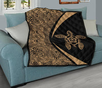 Hawaiian Hibiscus Turtle Polynesian Black Premium Quilt - Circle Style - Polynesian Pride