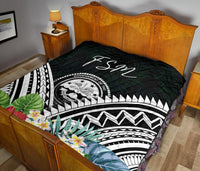 FSM Premium Quilt - FSM Coat of Arms & Polynesian Tropical Flowers White - Polynesian Pride
