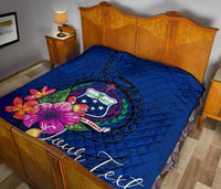 Samoa Polynesian Custom Personalised Premium Quilt - Floral With Seal Blue - Polynesian Pride