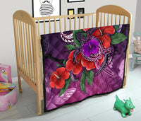 Polynesian Premium Quilt - Purple Hibiscus Turtle Flowing - Polynesian Pride