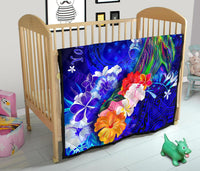 Custom Personalised Samoa Premium Quilt - Humpback Whale with Tropical Flowers (Blue) - Polynesian Pride