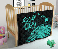 Hawaii Map Plumeria Polynesian Turquoise Premium Quilt - Polynesian Pride