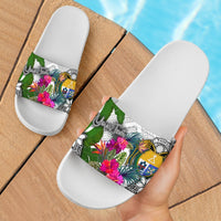 Nauru Custom Personalised Slide Sandals White - Turtle Plumeria Banana Leaf Crest - Polynesian Pride