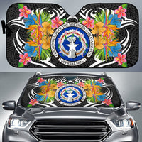 Northern Mariana Islands Auto Sun Shades - Coat Of Arms With Tropical Flowers Auto Sun Shade - Northern Mariana Islands Universal Fit Black - Polynesian Pride