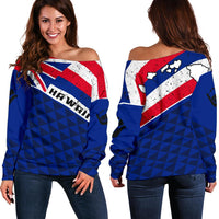 Hawaii Old Flag Women's Off Shoulder Sweater Blue - Polynesian Pride