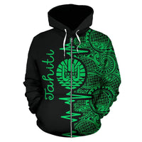Tahiti Polynesian Zip up Hoodie Tahiti Flag Heartbeat Pattern Green Version TH0 - Polynesian Pride