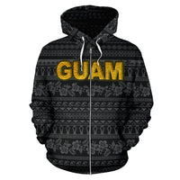 Guam Polynesian Zip up Hoodie Guaman Latte Stone Pattern Black - Polynesian Pride