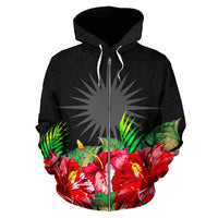 Marshall Islands Polynesian Zip Hoodie Black Hibiscus - Polynesian Pride