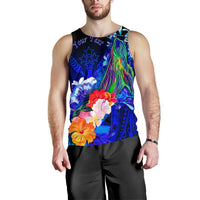 Kosrae Custom Personalised Men's Tank Top - Humpback Whale with Tropical Flowers (Blue) - Polynesian Pride