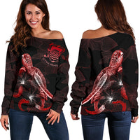 Tuvalu Polynesian Women's Off Shoulder Sweater - Turtle With Blooming Hibiscus Red Red - Polynesian Pride