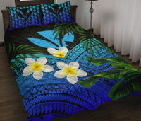 Kanaka Maoli (Hawaiian) Quilt Bed Set, Polynesian Plumeria Banana Leaves Blue Blue - Polynesian Pride