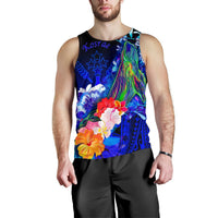 Kosrae Men's Tank Top - Humpback Whale with Tropical Flowers (Blue) - Polynesian Pride