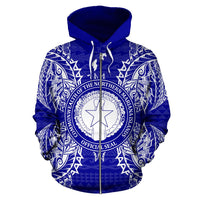 Northern Mariana Islands Polynesian All Over Zip up Hoodie Map Blue - Polynesian Pride
