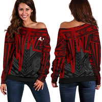 American Samoa Women's Off Shoulder Sweater - Seal With Polynesian Pattern Heartbeat Style (Red) - Polynesian Pride