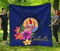 Tahiti Polynesian Premium Quilt - Floral With Seal Blue - Polynesian Pride