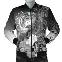 Samoa Men's Bomber Jacket - Humpback Whale with Tropical Flowers (White) White - Polynesian Pride