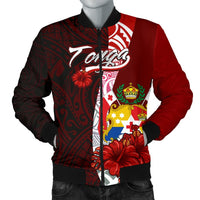 Tonga Polynesian Men's Bomber Jacket - Coat Of Arm With Hibiscus Red - Polynesian Pride