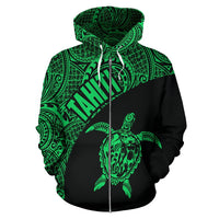 Tahiti Zip up Hoodie Tahiti Turtle Mermaid Polynesian Tattoo Green Version - Polynesian Pride