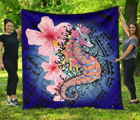 Hawaii Polynesian Pink Hibiscus Seahorse Premium Quilt Blue - Polynesian Pride