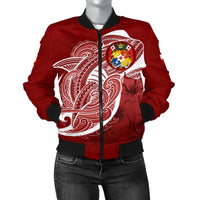 Tonga Women'S Bomber Jacket Shark Coat Of Arms Red - Polynesian Pride