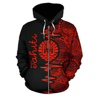 Tahiti Polynesian Zip up Hoodie Tahiti Flag Heartbeat Pattern Red Version TH0 - Polynesian Pride