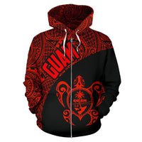 Guam Zip up Hoodie Guam Coat of Arm In Turtle Polynesian Tattoo Red - Polynesian Pride