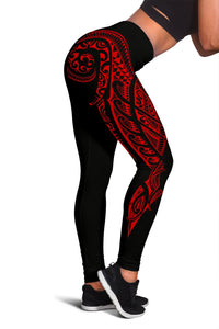 Hawaii State Tattoo Swirly Polynesian Red Kanaka Women's Leggings Red - Polynesian Pride
