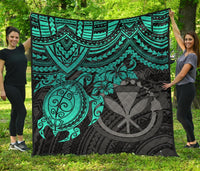 Hawaii Polynesian Premium Quilt - Kanaka Maoli & Turquoise Turtle Hibiscus BLUE - Polynesian Pride