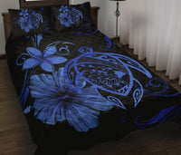 Hawaii Turtle Kanaka Map Hibiscus Poly Quilt Bed Set - Blue - Polynesian Pride