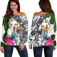 Niue Custom Personalised Women's Off Shoulder Sweater White - Turtle Plumeria Banana Leaf White - Polynesian Pride