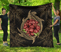 Hawaii Shark Hibiscus Gold Premium Quilt Gold - Polynesian Pride