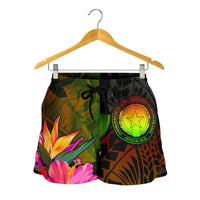 Northern Mariana Islands Polynesian Women's Shorts - Hibiscus and Banana Leaves - Polynesian Pride