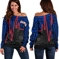 Samoa Women's Off Shoulder Sweater - Samoa Seal With Polynesian Patterns In Heartbeat Style (Blue) - Polynesian Pride