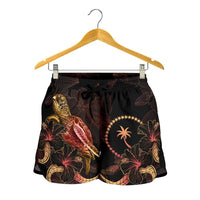 Chuuk Polynesian Women's Shorts - Turtle With Blooming Hibiscus Gold - Polynesian Pride