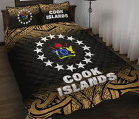 Cook Islands Quilt Bed Set - Cook Islands Flag Coat Of Arms Polynesian Tattoo Black Fog Style - Polynesian Pride