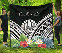 Tahiti Premium Quilt - Tahiti Coat of Arms & Polynesian Tropical Flowers White - Polynesian Pride