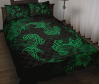 Hawaii Head Hammer Shark Hibiscus Green Quilt Bed Set - Polynesian Pride