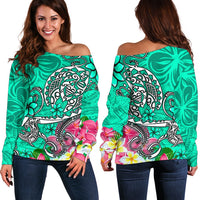 Polynesian Women's Off Shoulder Sweater - Turtle Plumeria Turquoise Color Turquoise - Polynesian Pride