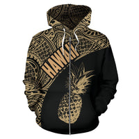 Hawaii Zip up Hoodie Hawaii Pineapple Polynesian Tattoo Black Version - Polynesian Pride