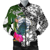 Palau Men's Bomber Jacket White - Turtle Plumeria Banana Leaf Crest White - Polynesian Pride