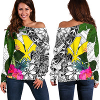 Hawaii Custom Personalised Women's Off Shoulder Sweater White - Turtle Plumeria Banana Leaf White - Polynesian Pride