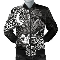 Pohnpei Men's Bomber Jacket - White Shark Polynesian Tattoo White - Polynesian Pride