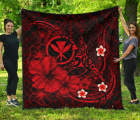 Polynesian Hawaii Kanaka Maoli Premium Quilt - Humpback Whale with Hibiscus (Red) - Polynesian Pride